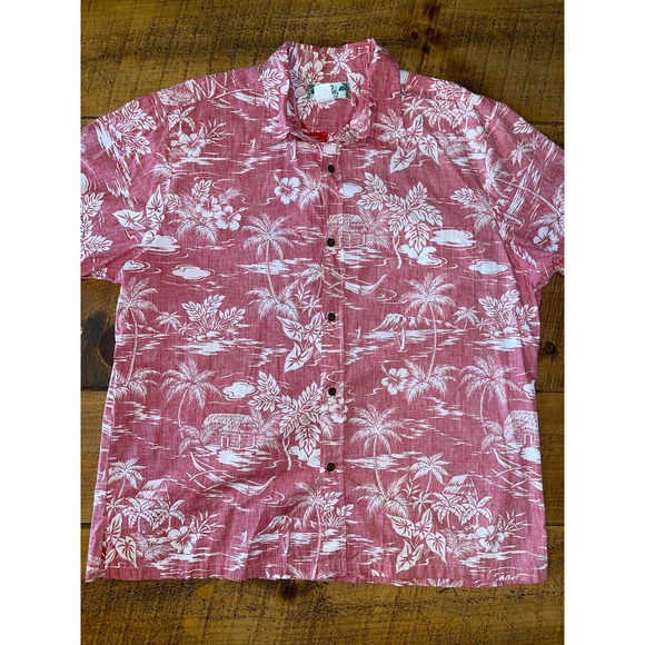 Mens Two Palms Made in Hawaii Vintage Faded Red White Tropical Hawaiian Shirt XL - Picture 1 of 7